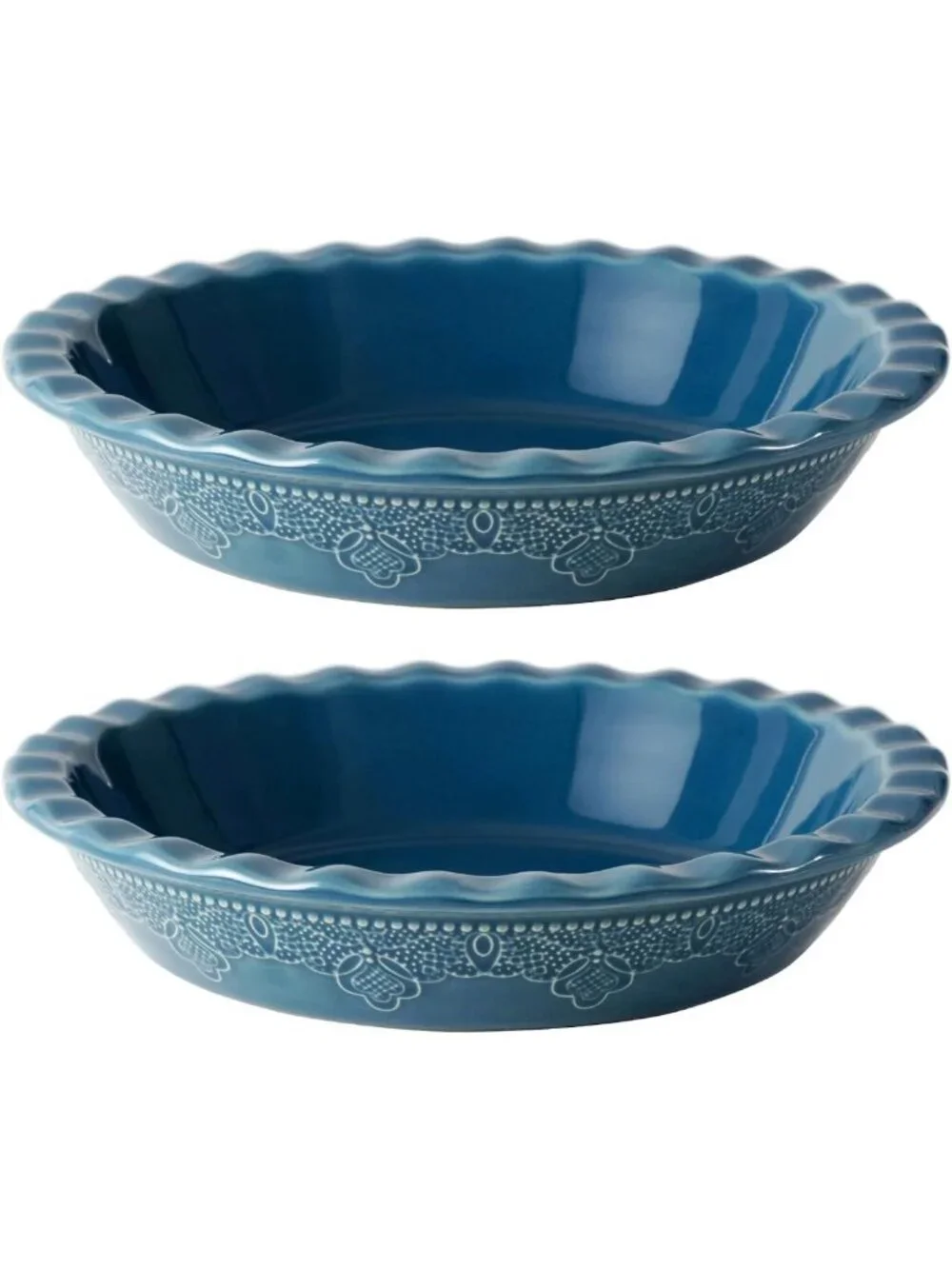 Set of 2 Deep Dish Ceramic Pie Pans, 9 Inch Lace Embossed Ruffled Baking Dishes